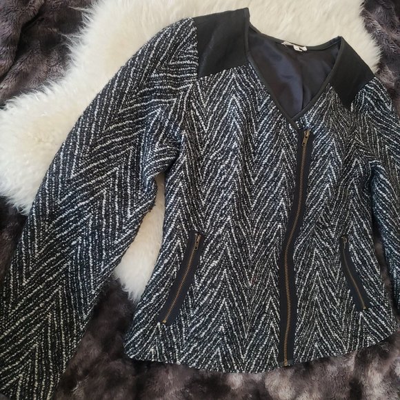 Tweed Moto Blazer with Quilted Faux Leather Detail - Sz M - Picture 3 of 12